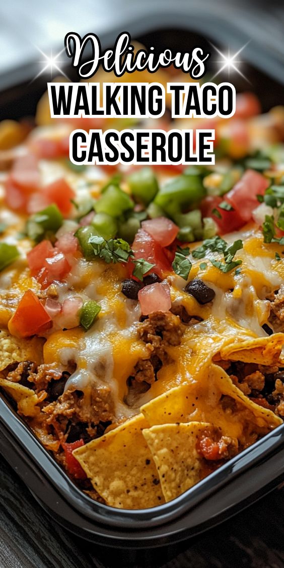 a casserole dish with tortilla chips and salsa in the background text reads delicious walking taco casserole