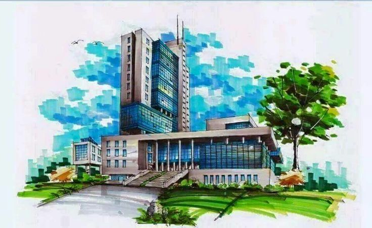 an artistic drawing of a building with trees in the foreground