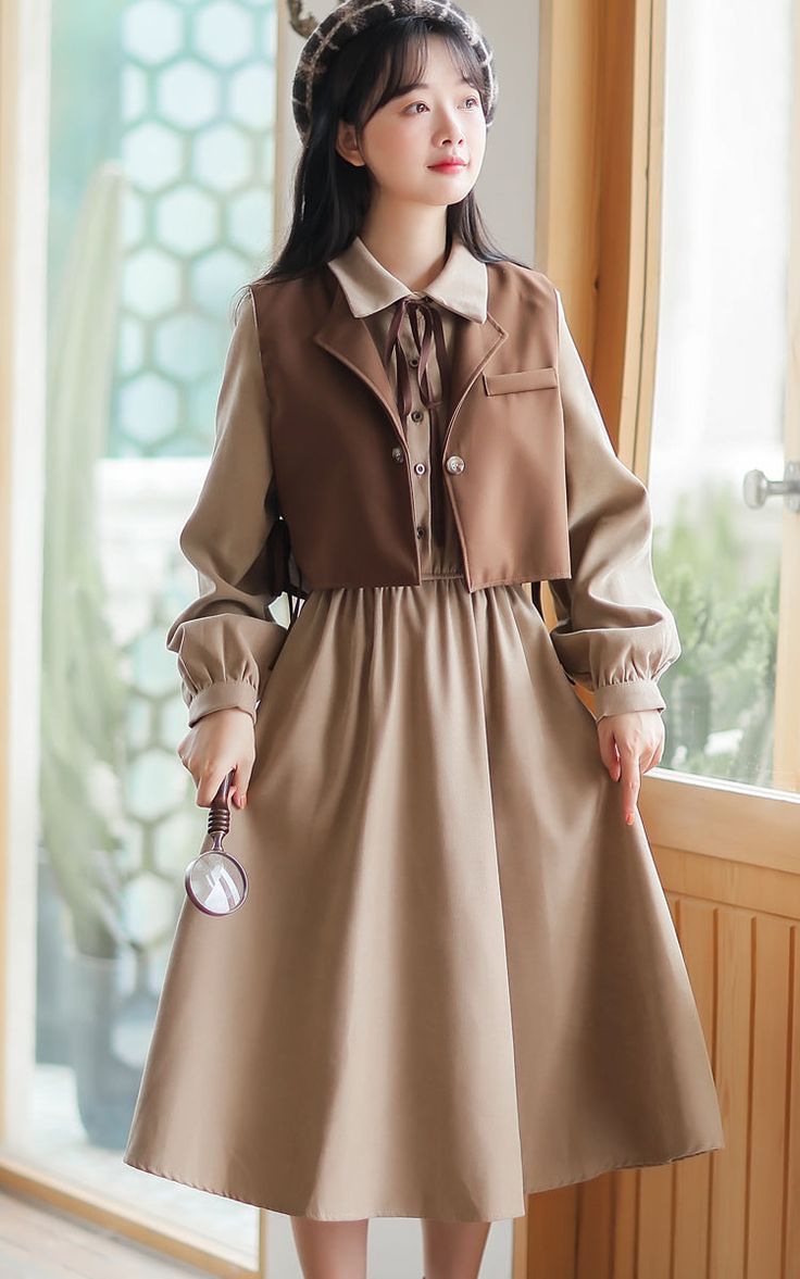 ❤Side Ribbon Short Jires + Volume Sleep Ribbon One Piece❤ Long Sleeve Fake Two-piece Work Dress, Long Sleeve Fake Two-piece Dress For Work, Workwear Long Sleeve Dress With Fake Two-piece Design, Kimono Outfit Japanese, Khaki Suit, Army Clothes, Ribbon Dress, Red Suit, Easy Trendy Outfits