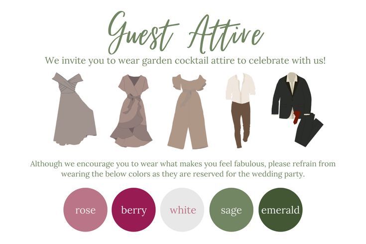 an image of clothes for guests to attend at the wedding or special event with text that reads guest attire