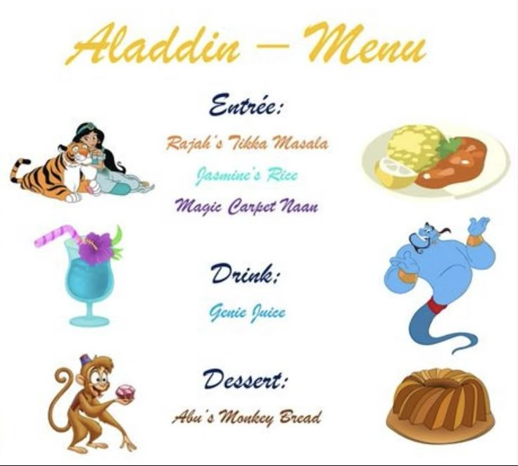 the menu for disney's arabian - themed restaurant, including drinks and desserts