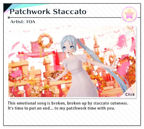 an anime character with long hair standing in front of a pink and white background that says patchwork stacato