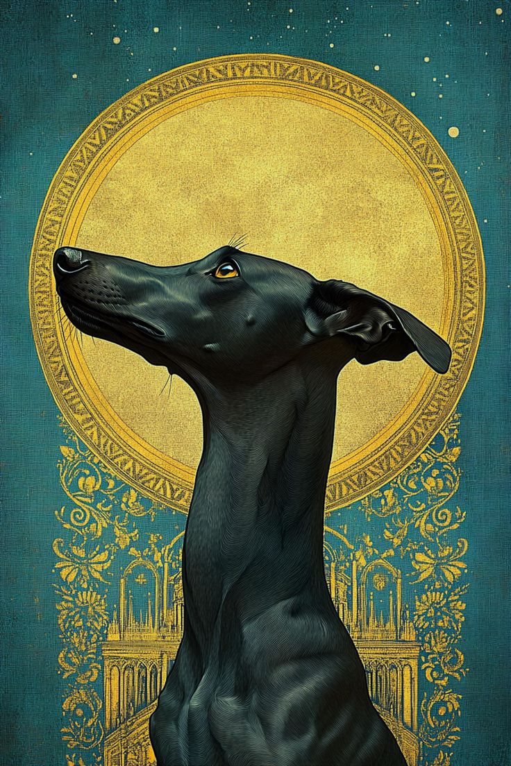 a painting of a black dog in front of a gold and blue background with an ornate design