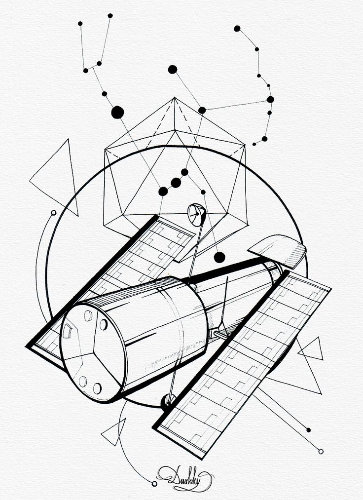 a black and white drawing of a space shuttle in the center of a circle with dots