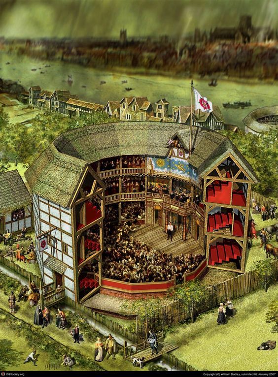 an artist's rendering of a theatre in the middle of a field with people standing around