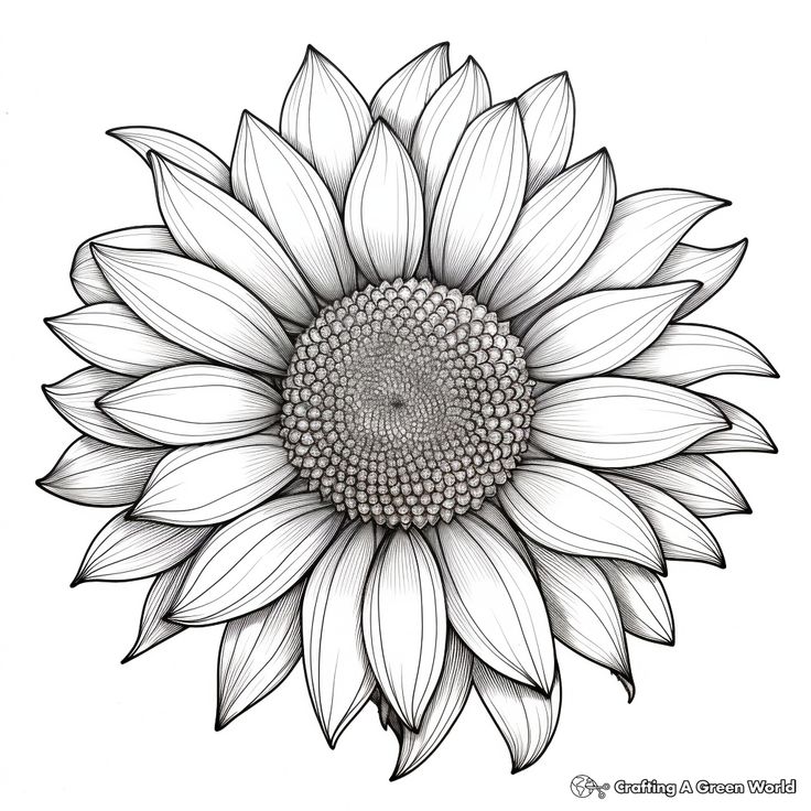 a drawing of a large sunflower on a white background with black and white lines