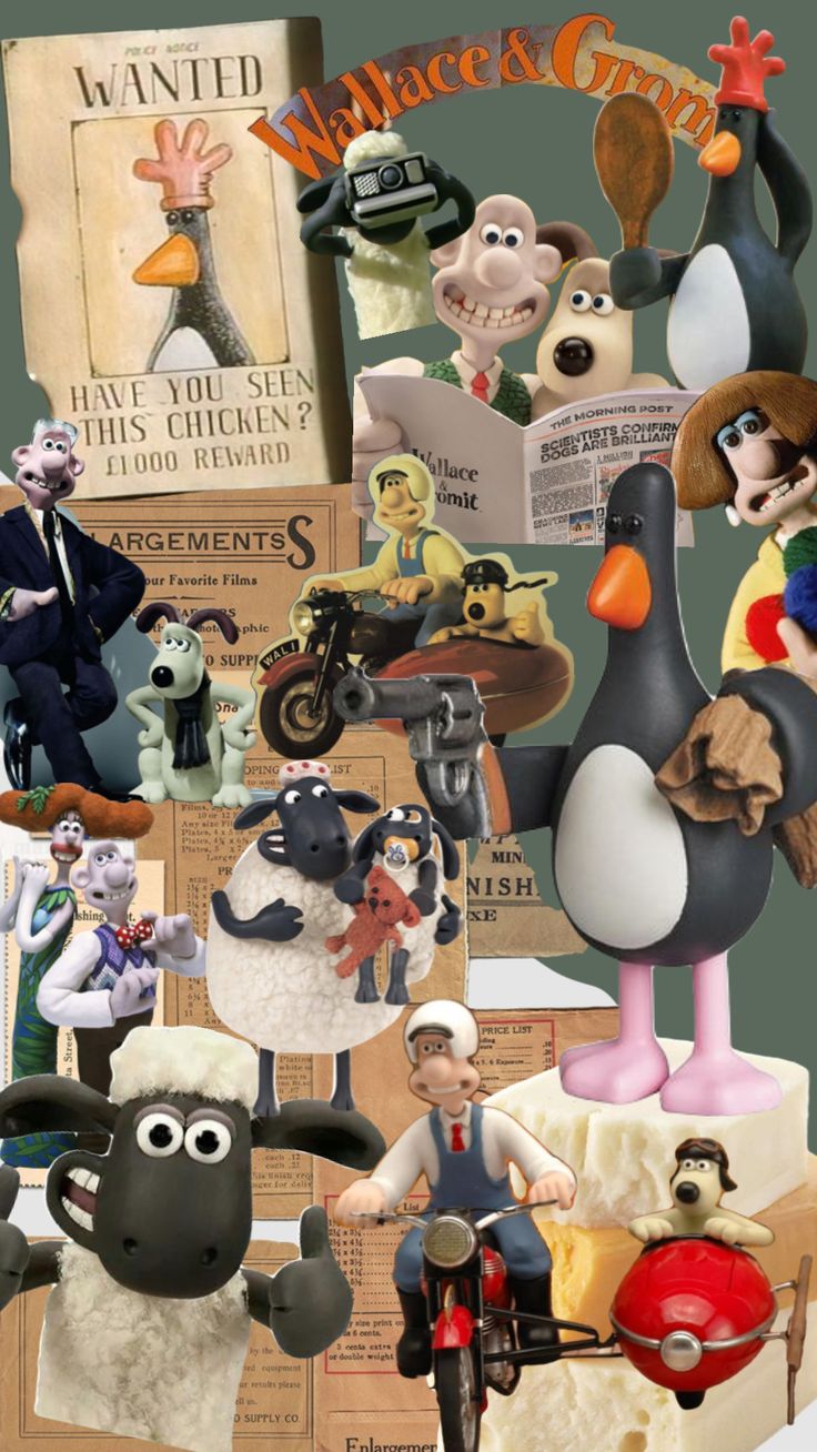 a collage of various cartoon characters including sheep, penguin, dog, and motorcycle