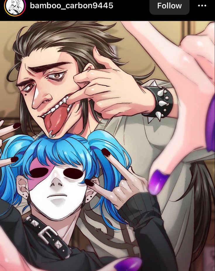 two people with blue hair and white make faces while one holds his hand up to the other's head