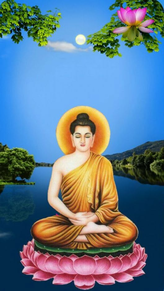 a buddha statue sitting on top of a pink flower in front of a body of water