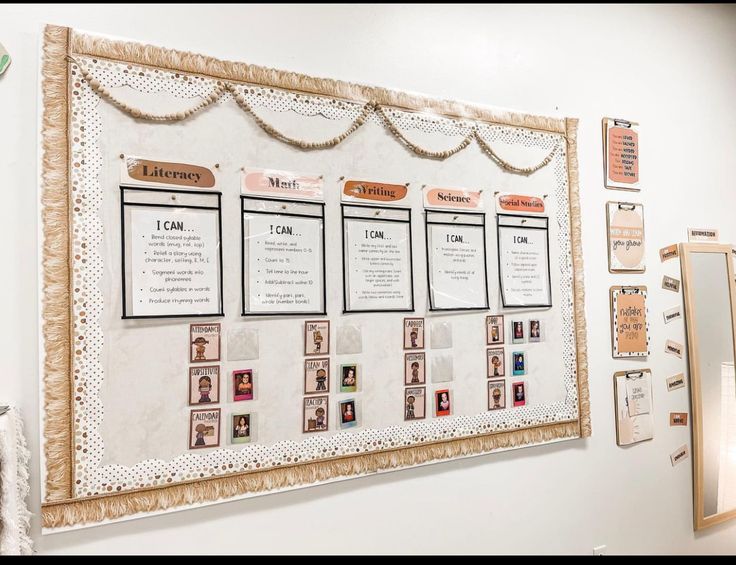 a bulletin board with pictures on it in an office building or conference room that is decorated with lace trim