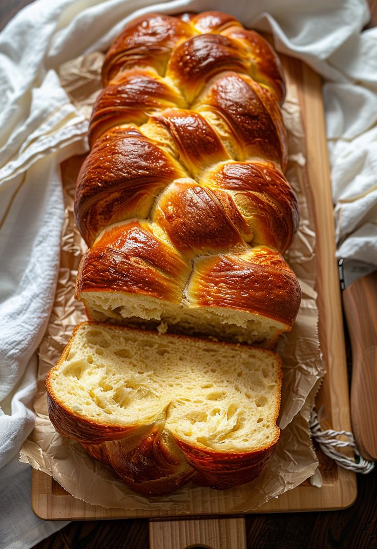 a loaf of bread sitting on top of a wooden cutting board