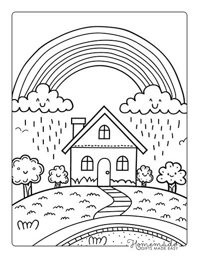 a house with a rainbow in the background and trees on the other side coloring page