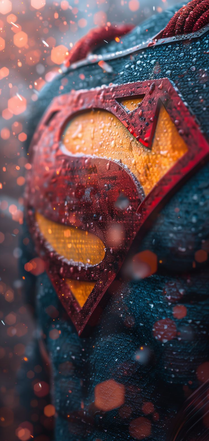 the man is wearing a superman suit and has rain drops on his face as he stands in