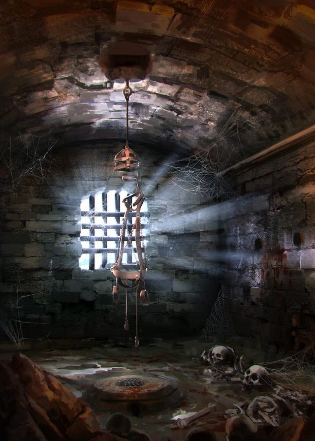 the light shines brightly through an old brick tunnel with chains hanging from it's ceiling