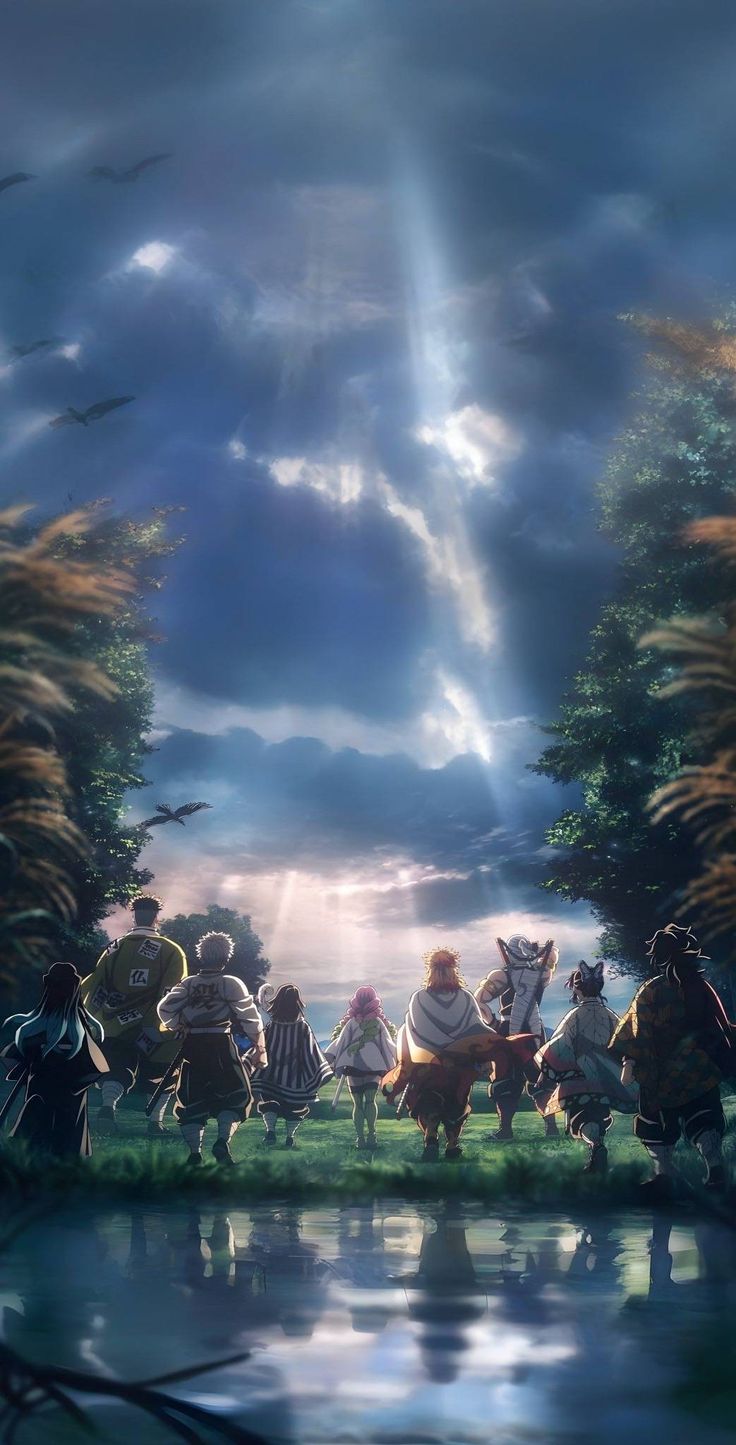 an anime scene with many people sitting on the grass near water and birds flying in the sky