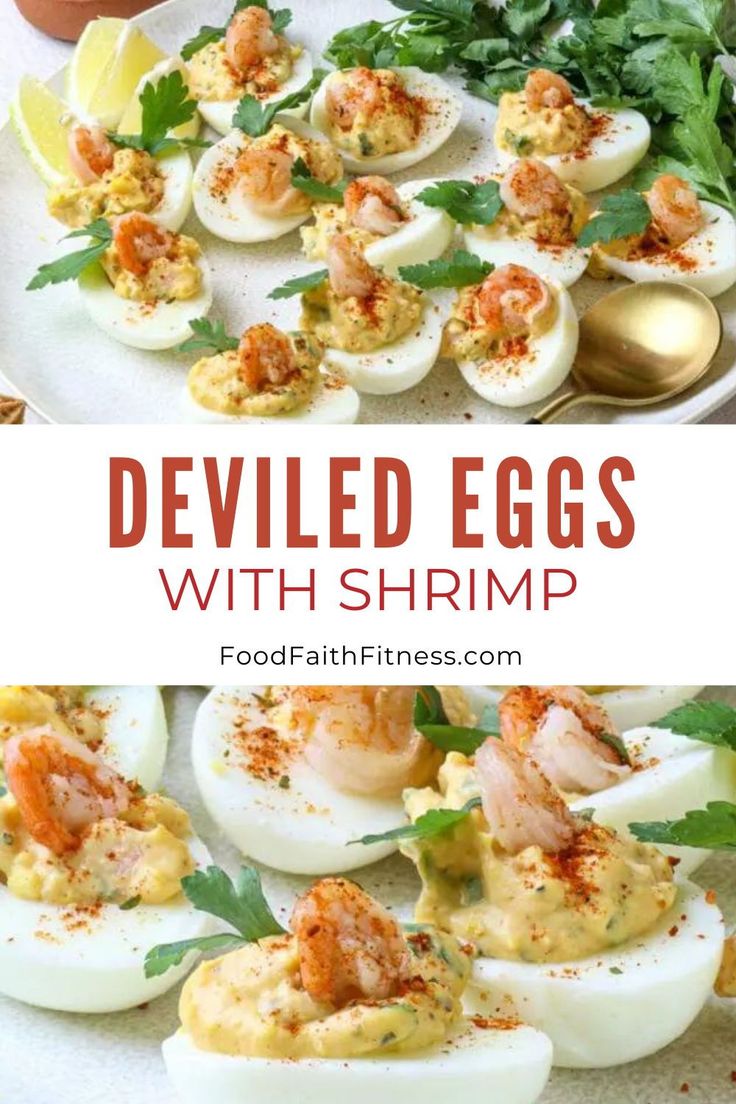 deviled eggs with shrimp and garnish on a white plate next to an egg shell