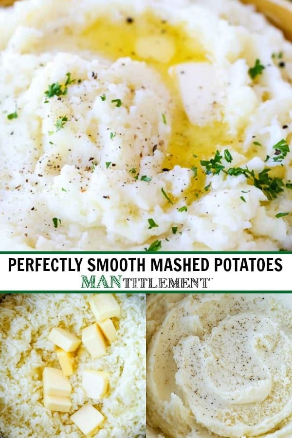 mashed potatoes in a bowl with parsley on top and the words perfectly smooth mashed potatoes below