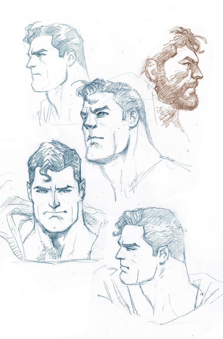 some sketches of men with different facial expressions and hair styles, one in the foreground