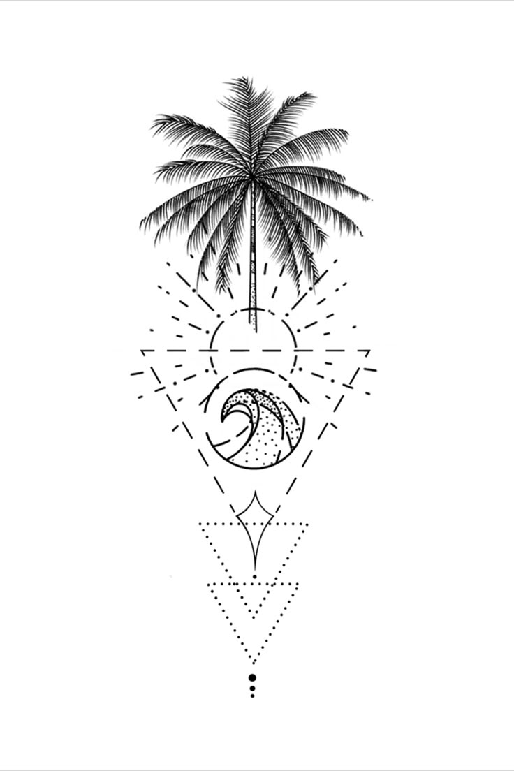 a drawing of a palm tree with the sun in the background and an image of a wave