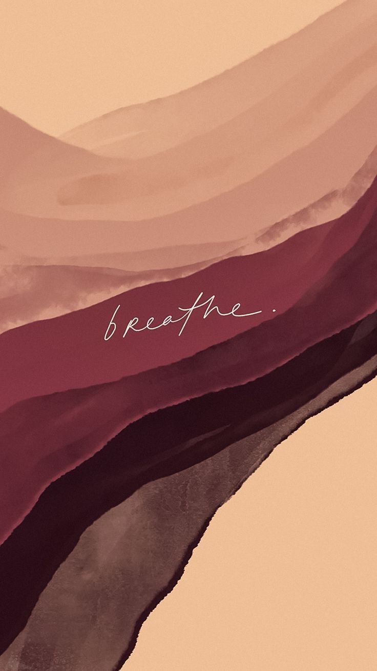 an abstract painting with the word breathe written in white on top of red and pink hills