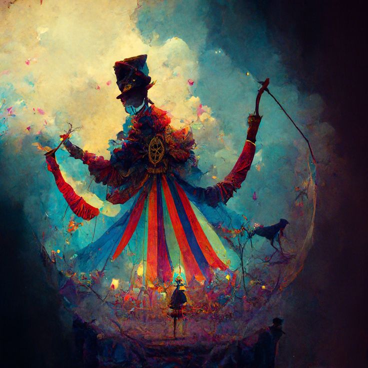 a painting of a circus clown with his hands in the air