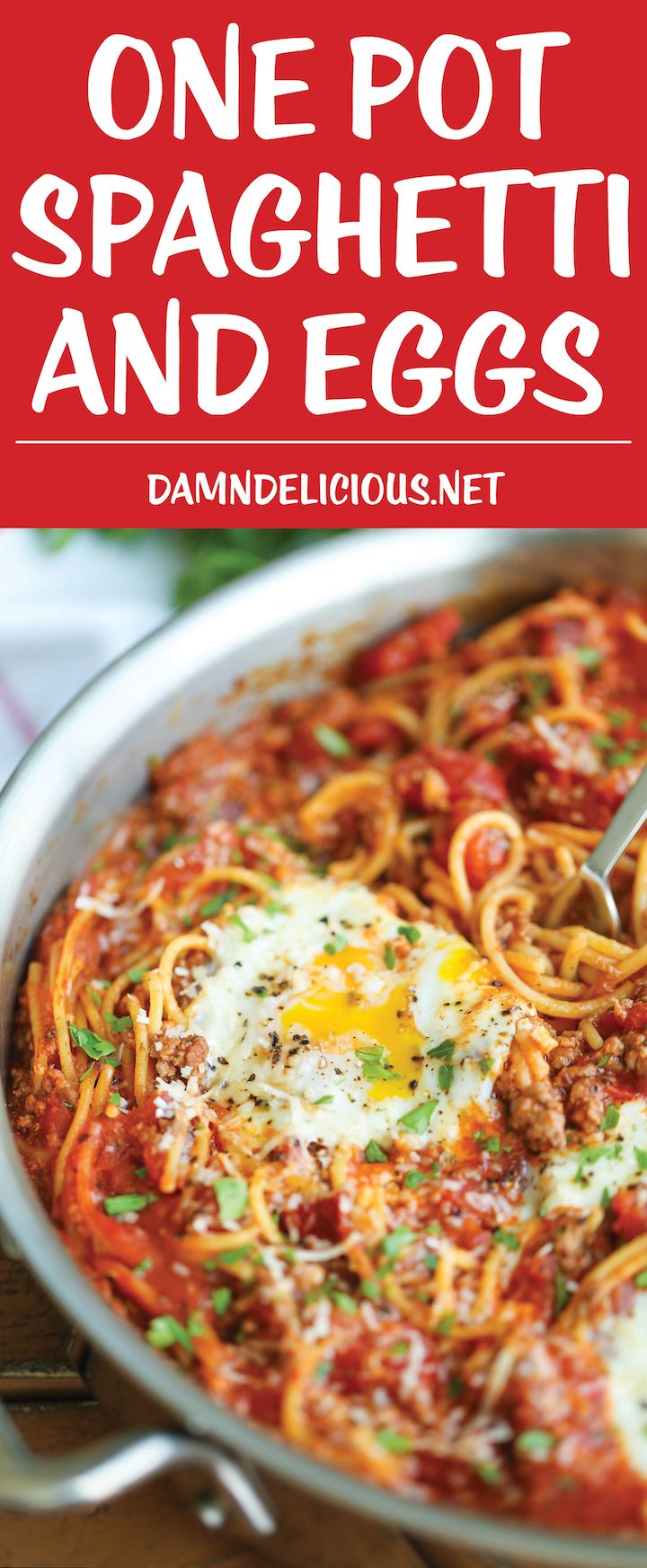 the cover of one pot spaghetti and eggs by daniellelicious net, with an image of