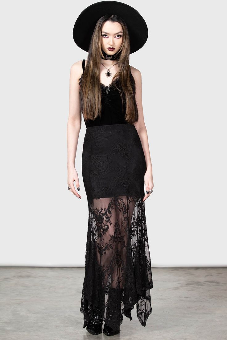 ROSA. - Luxe Stretch Lace.- Elasticated Waistband.- Dramatic Splits.- Hanky Hems.- Fitted.Wash Cold - Gentle Cycle.With KILLSTAR branding, 90% Polyamide 10% Elastane. Alternative Skirt Outfits, Summer Goth Fashion, Hipster Goth, Killstar Clothing, Hippie Goth, Lace Maxi Skirt, Drawing Female, 2010 Fashion, Maxi Lace Skirt