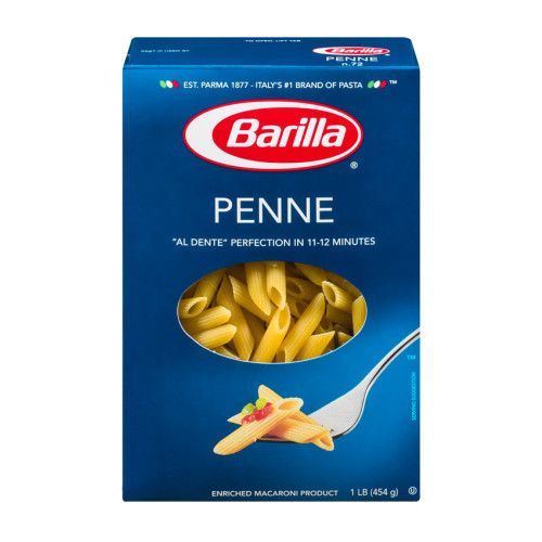 a box of pasta penne with a spoon in it's side view on a white background