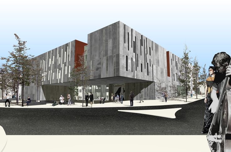 an artist's rendering of the exterior of a building with people walking around it