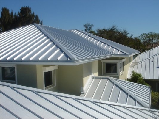 two houses with metal roofing and windows