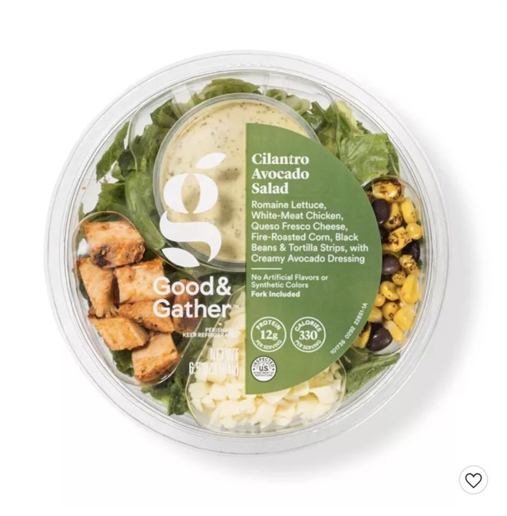 a salad in a plastic container with the words good and gather on it