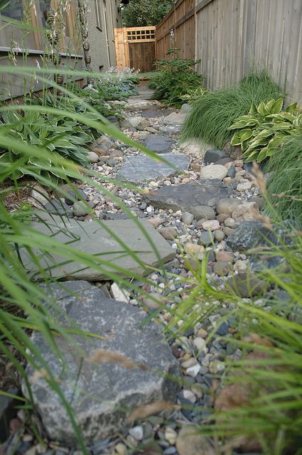 a garden with rocks and grass next to a fence