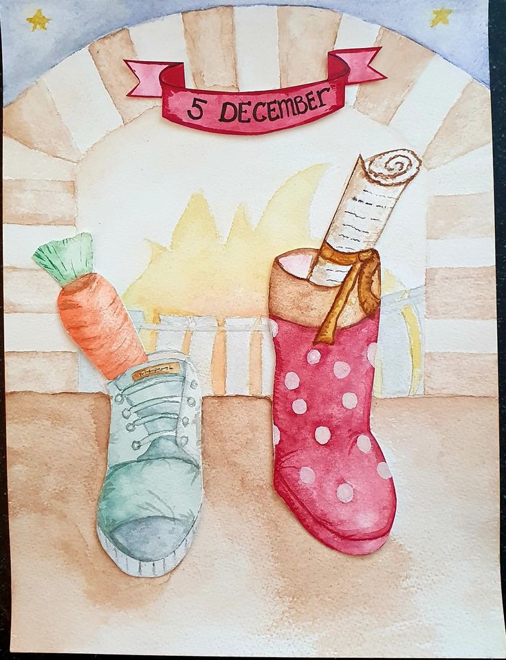 a watercolor painting of two boots with carrots and a paper scroll that says 5 december