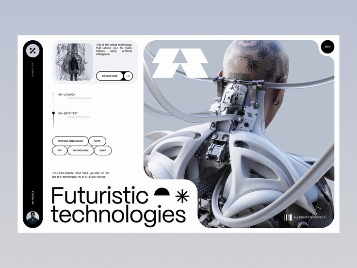 an advertisement for futuristic technologies with a man's head in the center and wires attached to it