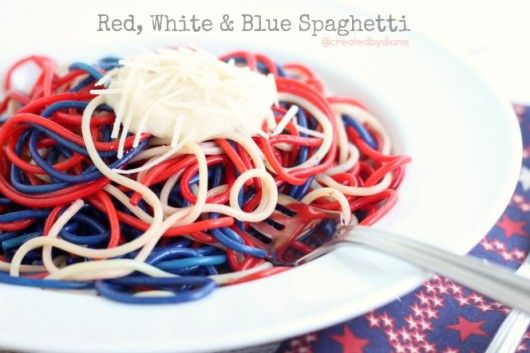 red, white and blue spaghetti on a plate