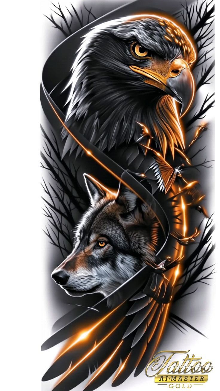 an eagle and wolf tattoo design on a white background