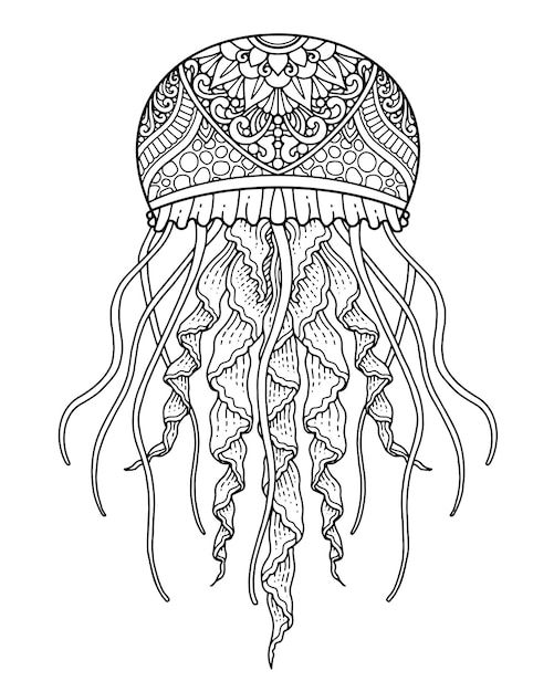 a black and white drawing of a jellyfish with intricate designs on it's head