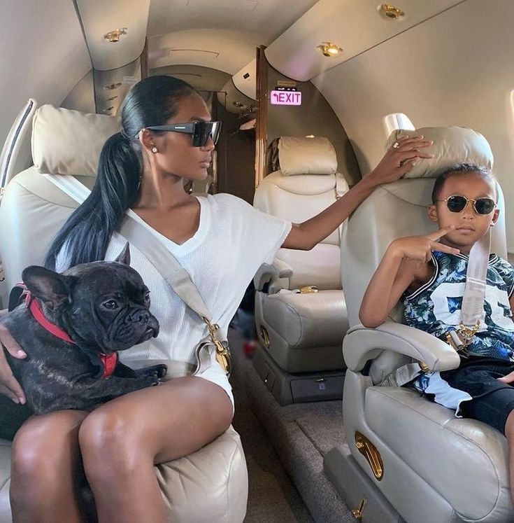 two women sitting in the back of an airplane with a dog