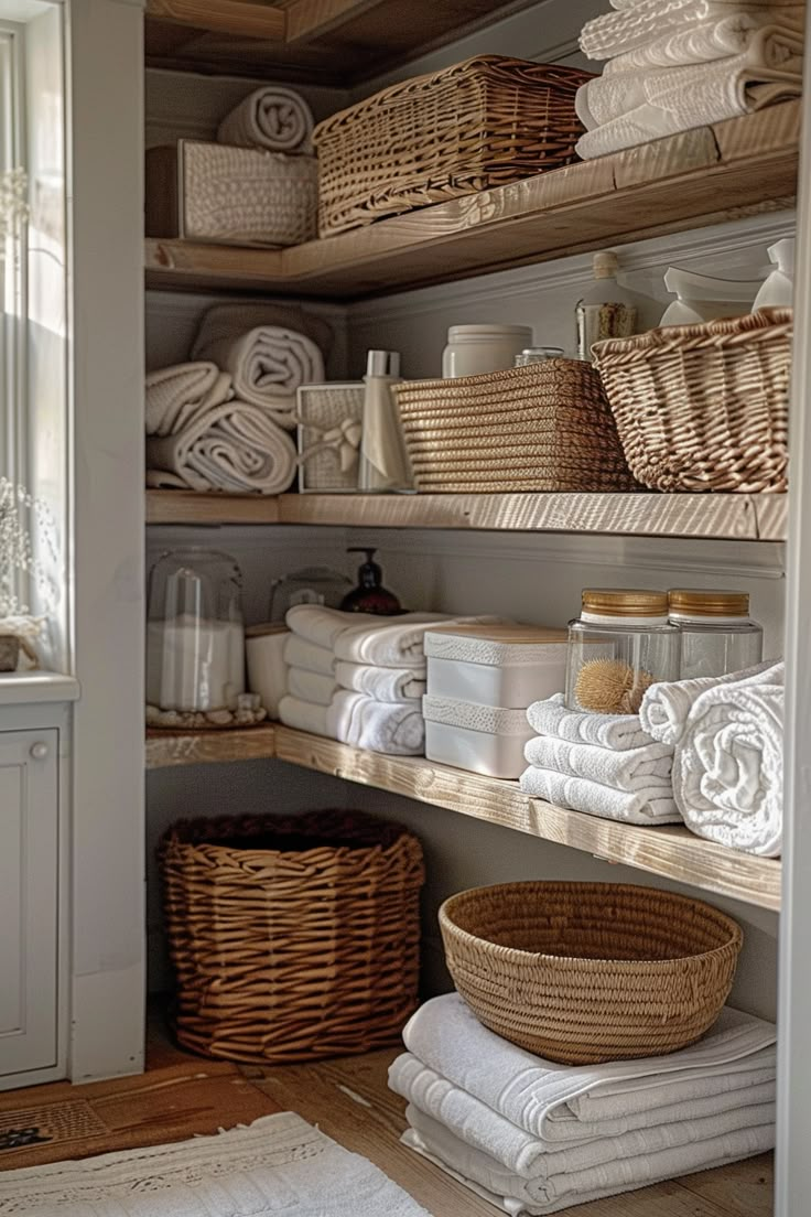 the shelves in this bathroom are filled with towels and other bath products, such as toilet paper