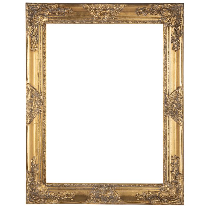 an antique gold frame with ornate carvings on the edges and sides, isolated against a white background