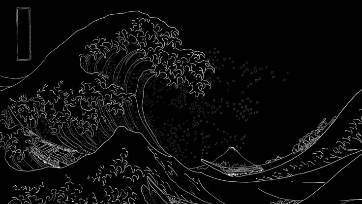 an ink drawing of the great wave in black and white