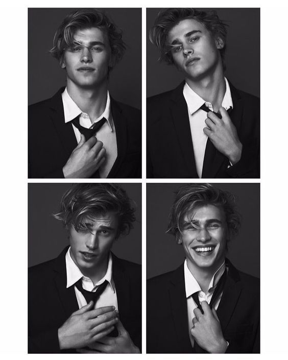 four different shots of a young man wearing a suit and tie with his hands on his chest