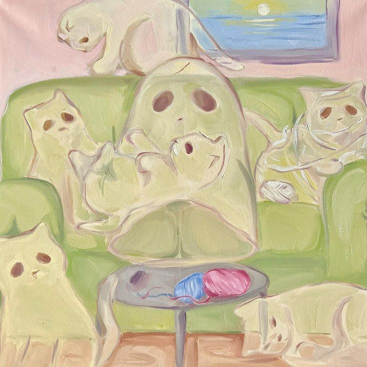 a painting of cats and dogs on a green couch