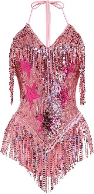 Pink Rave Outfit, Fringe Bodysuit, Glitter Bodysuit, Star Sequins, Sparkle Stars, Stage Clothes, Concert Dresses, Outfits Curvy, Cowgirl Costume