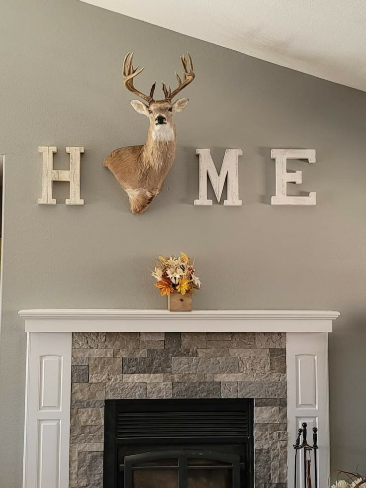 a deer head mounted on the wall above a fireplace