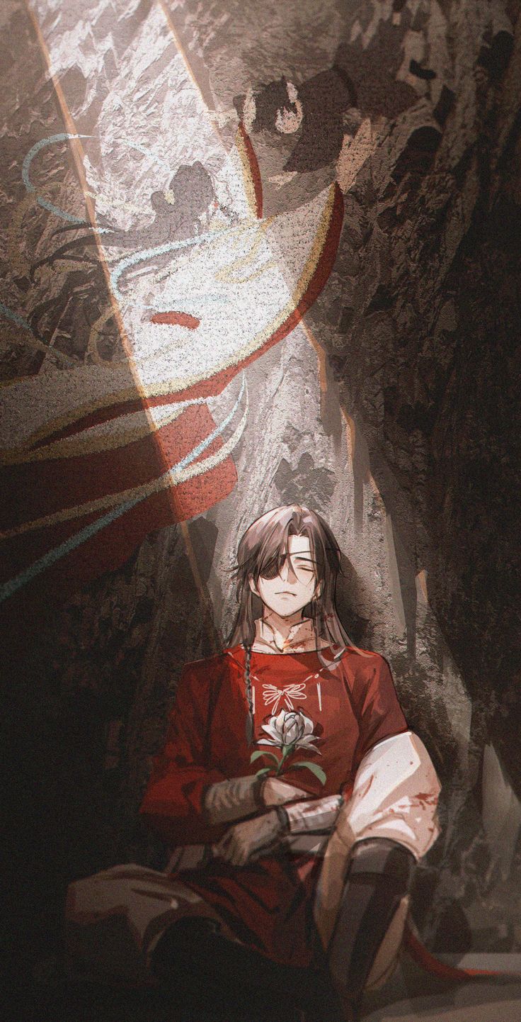 an anime character sitting in front of a painting