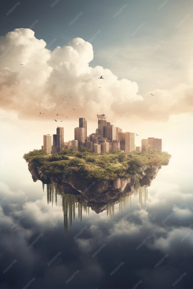 an island floating in the sky with buildings on it and clouds flying over it,