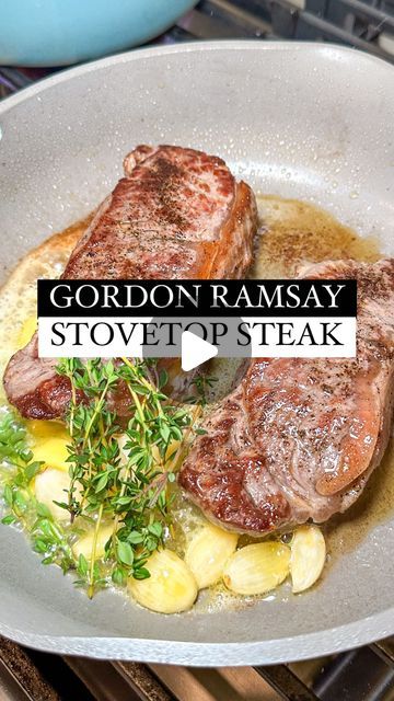 gordon ramsay's stovetop steak with potatoes and parsley in a pan on the stove