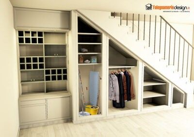 an empty room with some shelves and clothes on the shelf, next to a stair case