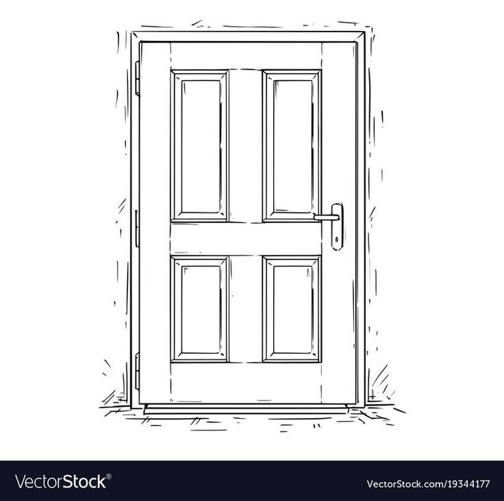 a black and white line drawing of a door with glass on the top, in front of